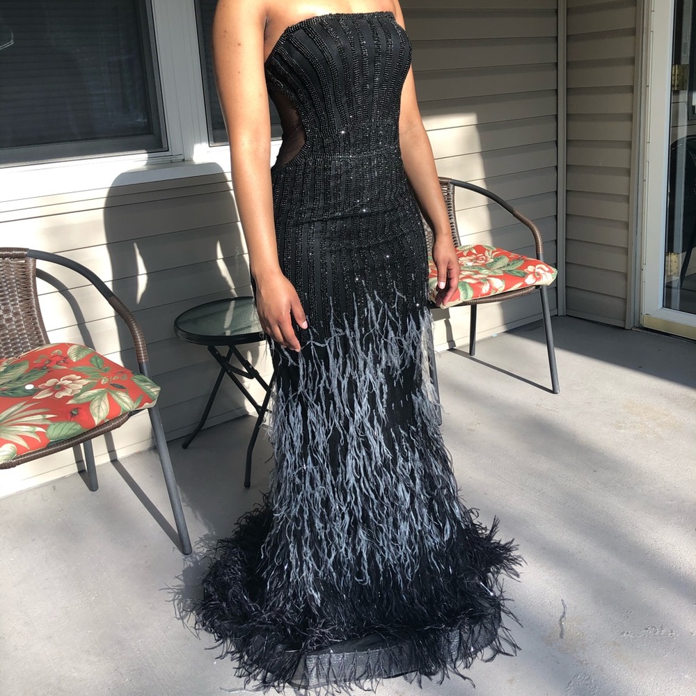 Black Feathered Bottom Prom Dress.